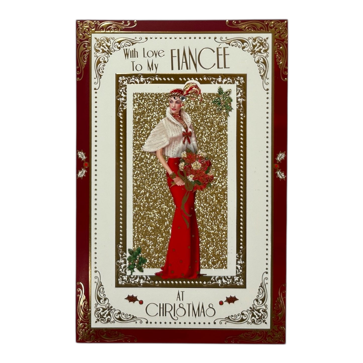 To My Fiancée Elegant Woman Holding Flowers Design Christmas Card