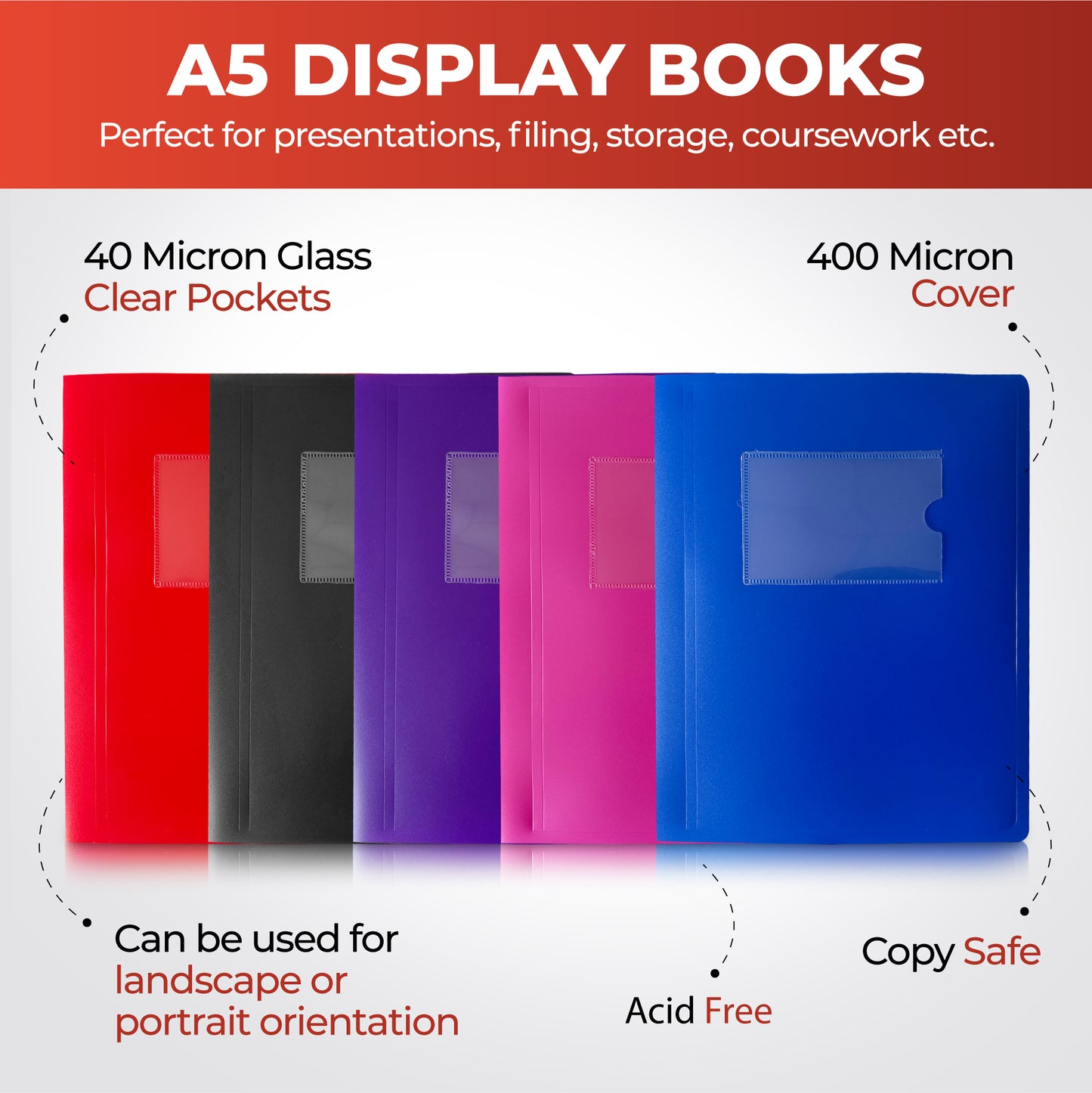 Pack of 5 A5 10 Pocket Blue Flexible Cover Display Books
