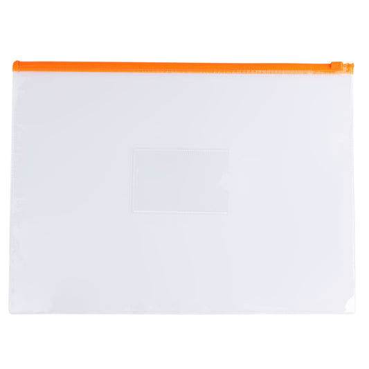 Pack of 12 A4+ Foolscap Clear Zippy Bags with Orange Zip