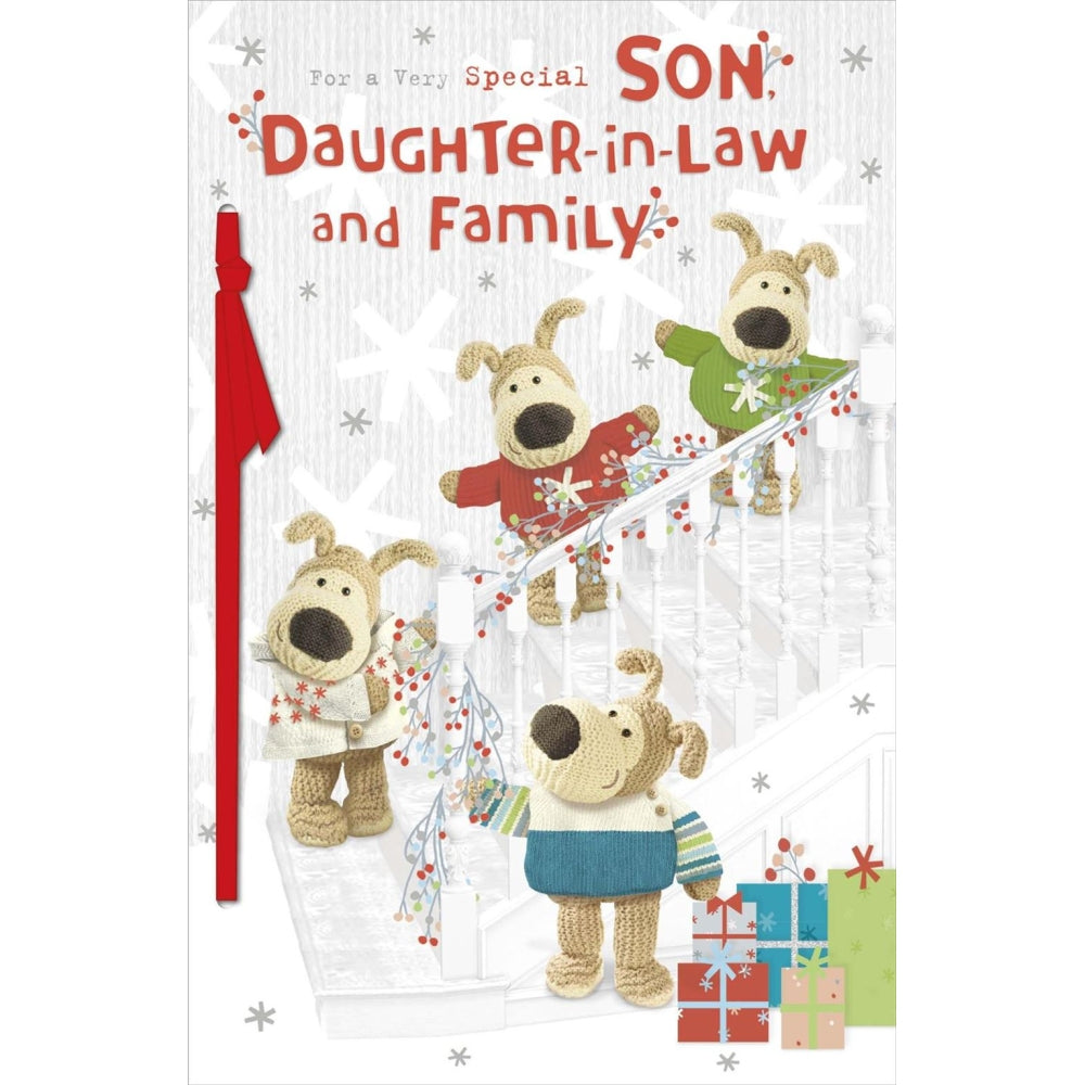 Boofles On Staircase Son and Daughter In Law and Family Christmas Card