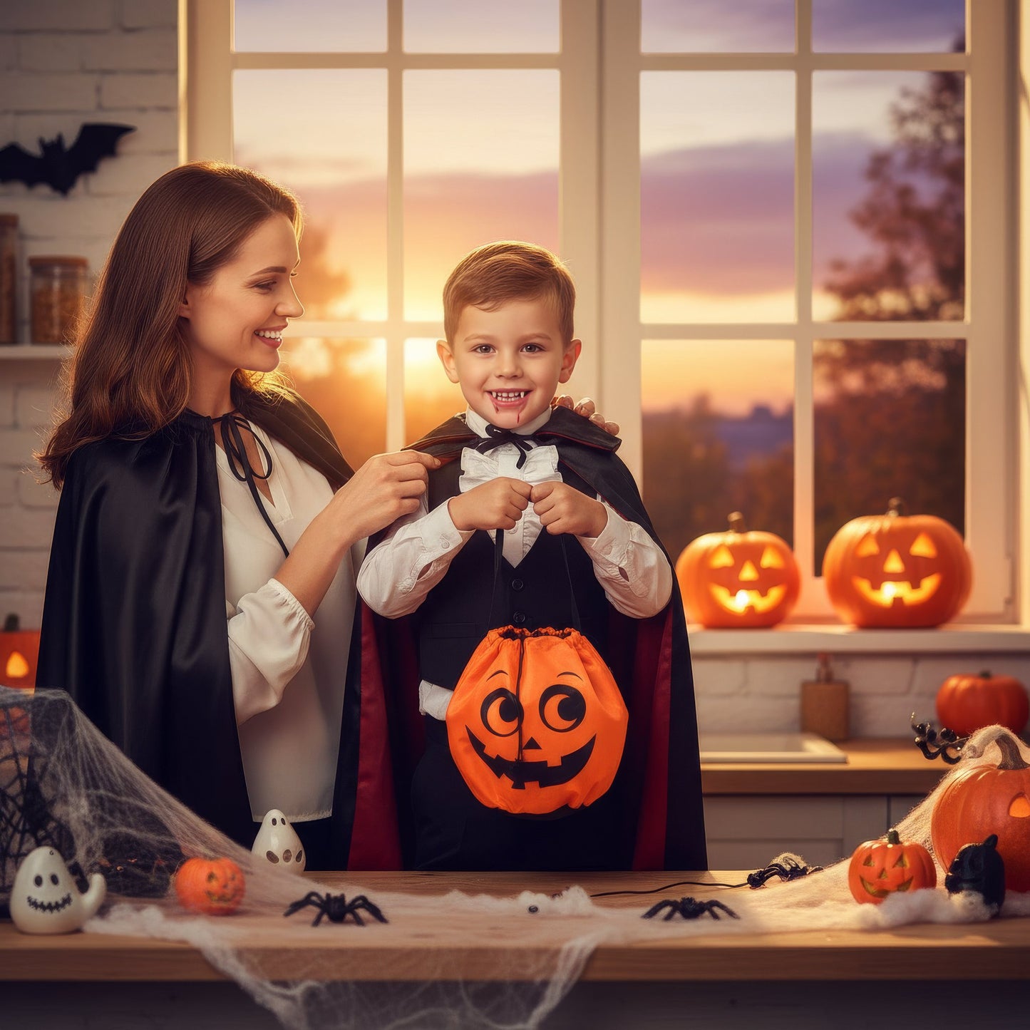 Pack of 12 Orange Pumpkin Halloween Bags with Drawstring