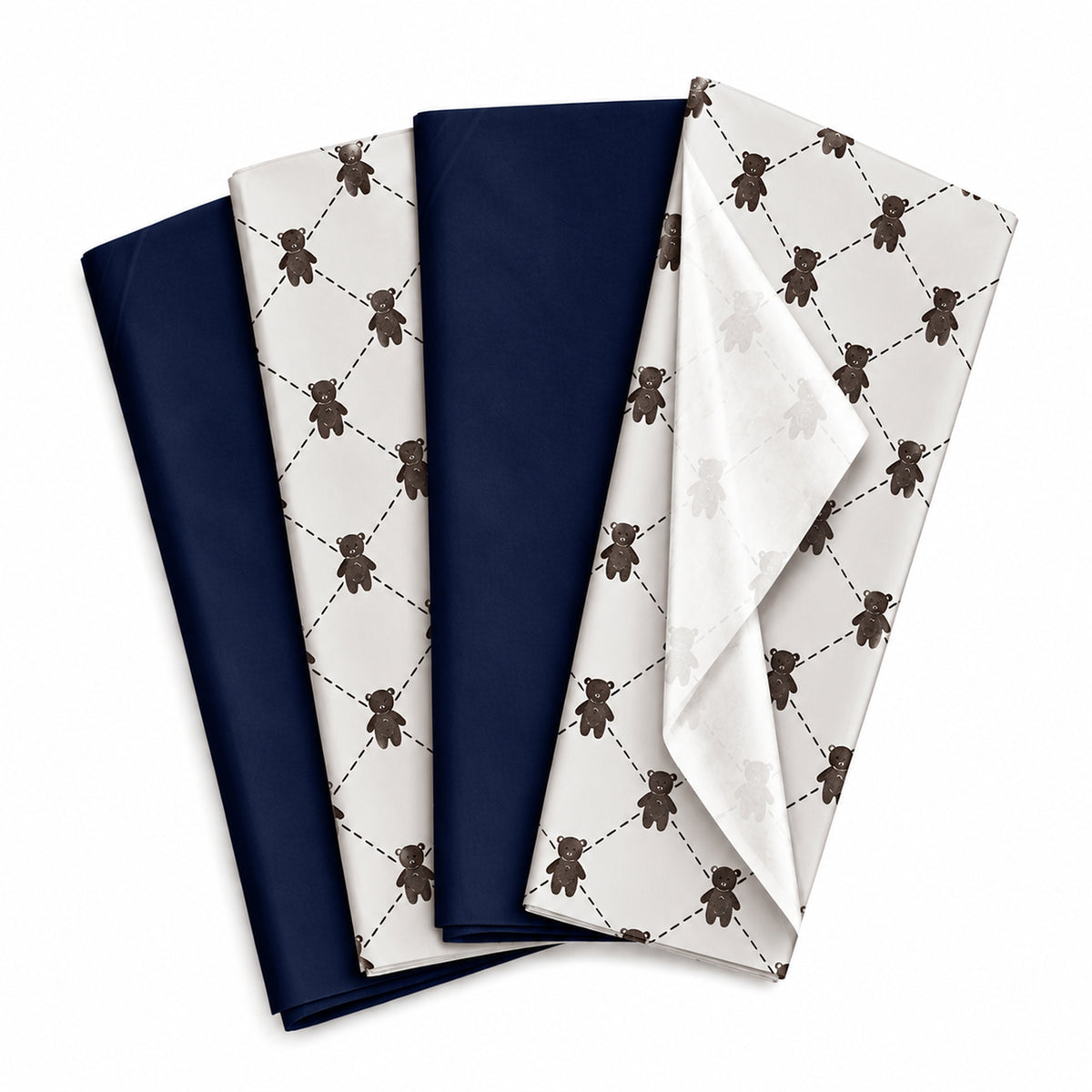 Pack of 8 Teddy Bear Luxury Gold Foil Design & Plain Navy Blue 50 x 70 cm Tissue Sheets - Birthday, Boys, Celebration