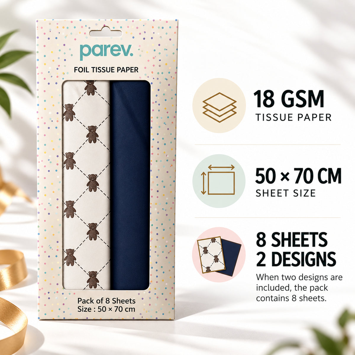 Pack of 8 Teddy Bear Luxury Gold Foil Design & Plain Navy Blue 50 x 70 cm Tissue Sheets - Birthday, Boys, Celebration