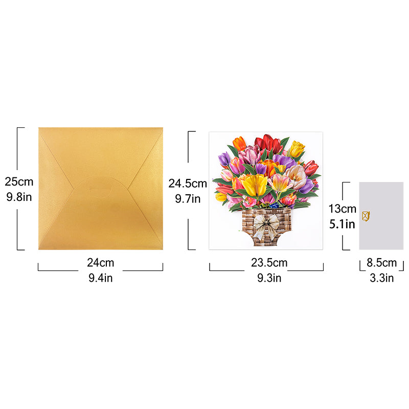 Petals of Joy Tulip Basket 3D Pop Up Greeting Card - Mother's Day Birthday Wedding Anniversary 