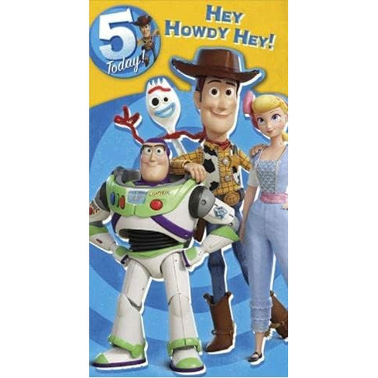 Disney Pixar Toy Story Hey Howdy Hey! Buzz, Woody and Little Bo Peep Boys 5th Birthday Card with Badge