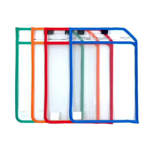 Pack of 12 Assorted Coloured Edge Clear Dry Erase Write and Wipe Reusable Sleeve Pockets