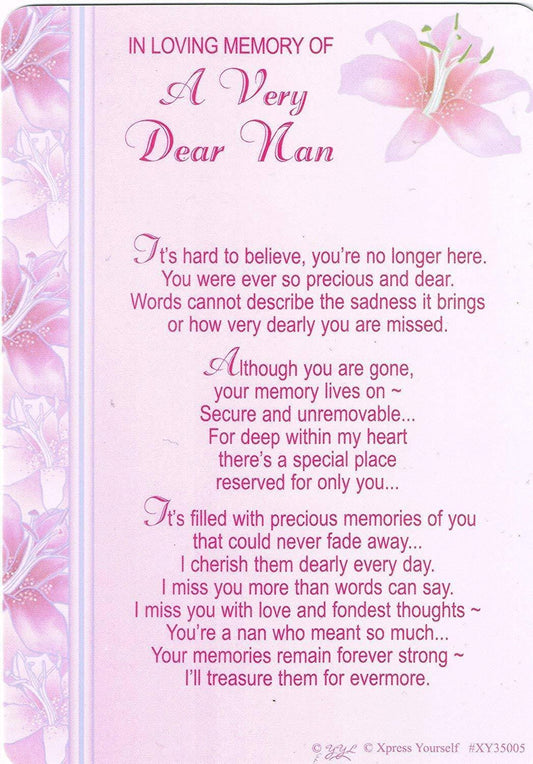 In Loving Memory of a very Dear Nan Graveside Xpress Yourself Keepsake Wallet Purse Card