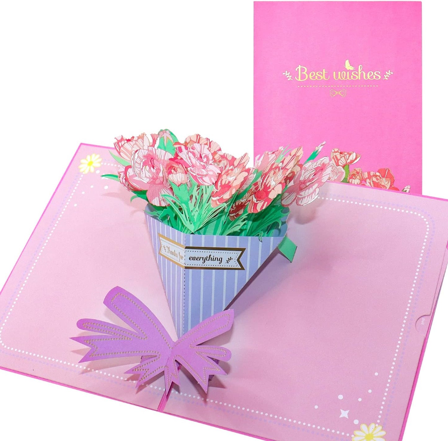 Elegant Carnations Bouquet 3D Pop Up Greeting Card - Wedding Birthday Mother's Day Anniversary