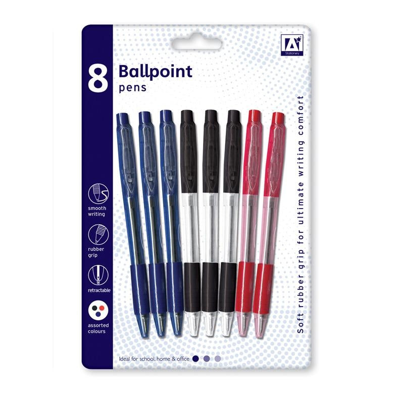 Pack of 8 Assorted Colour Ballpoint Pens with Rubber Grip