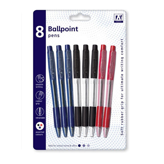 Pack of 8 Assorted Colour Ballpoint Pens with Rubber Grip