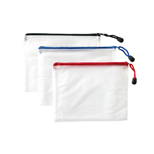 Pack of 3 A5 Assorted Coloured Strong Mesh Bags - Black, Blue, Red - Tough Waterproof Storage