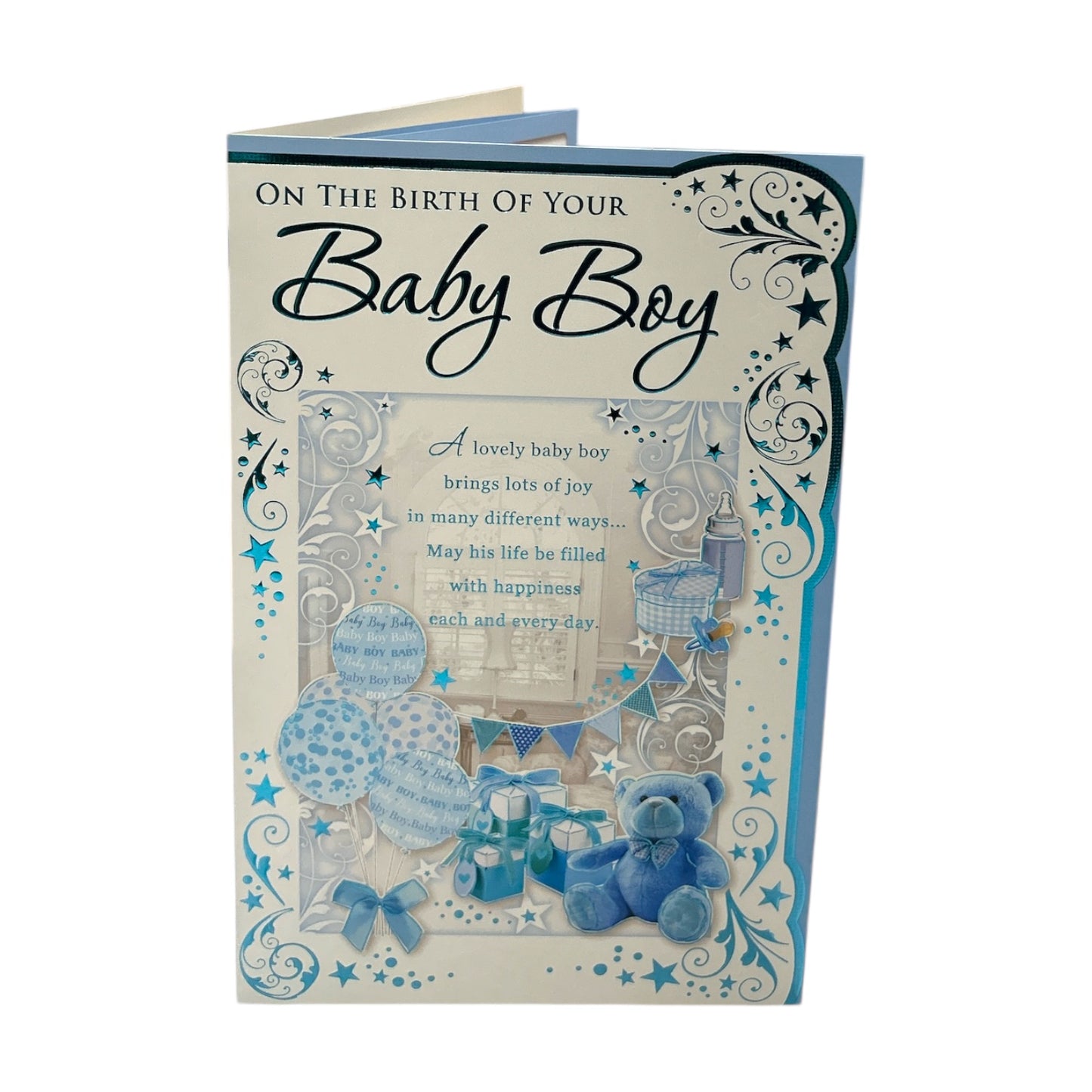 On The Birth Of Baby Boy Blue Balloons And Teddy Design Opacity Congratulations Card