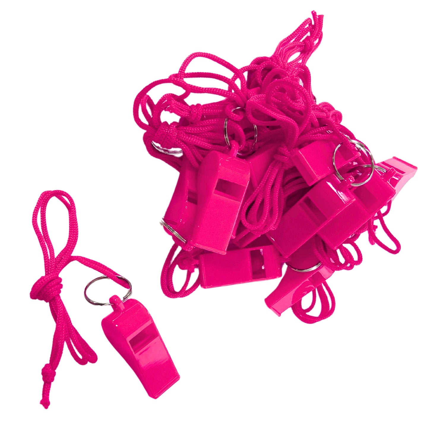 Bag of 100 Pink Plastic Whistles with Lanyard Neck Cord