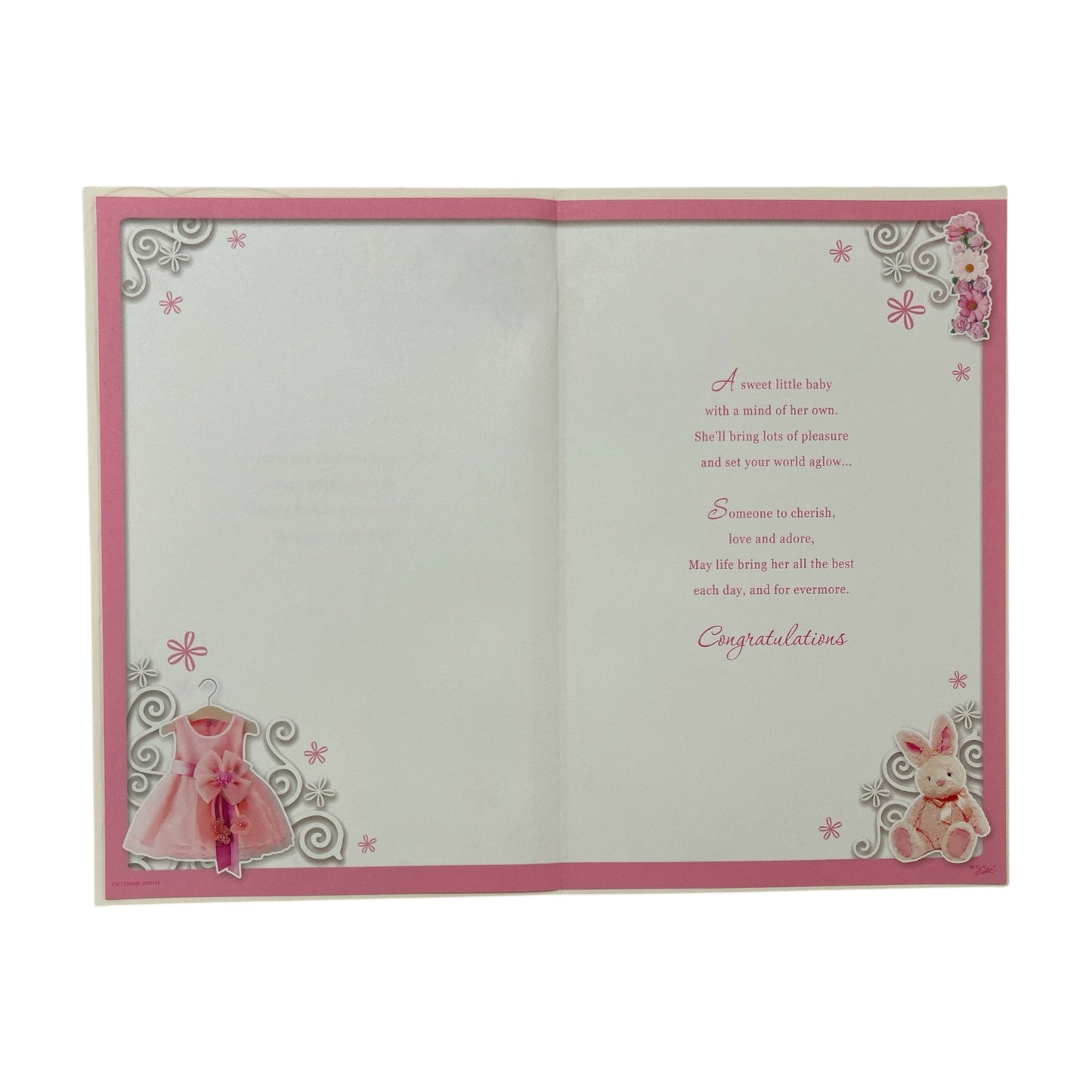 On The Birth Of Baby Girl Pink Dress And Teddy Design Opacity Congratulations Card