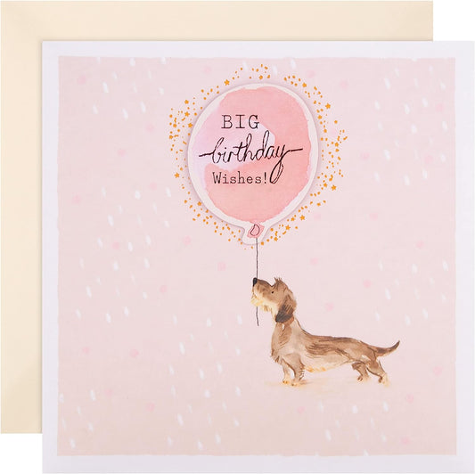 Contemporary Illustrated Sausage Dog and Balloon Design Birthday Wishes Card