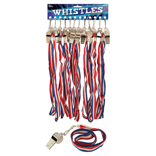 Pack of 12 Metal Whistle 5.5cm with Red, White, Blue Cord Eire