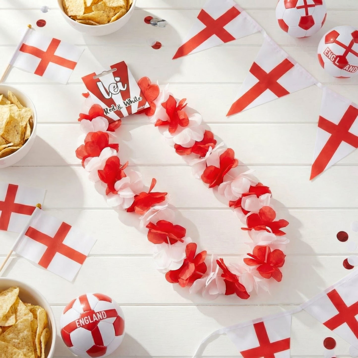 Pack of 6 Red and White Hula Lei (100cm) - Tropical Party Accessory for Festivals Fancy Dress Summer Beach Celebrations