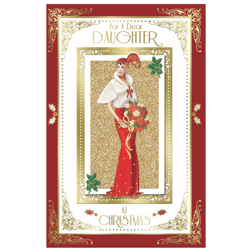 For Daughter Elegant Woman Holding Flowers Design Christmas Card