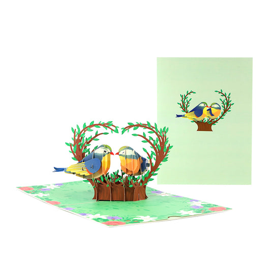 Two Love Birds in Heart Nest 3D Pop Up Greeting Card - Valentine's Day Anniversary Wedding Birthday