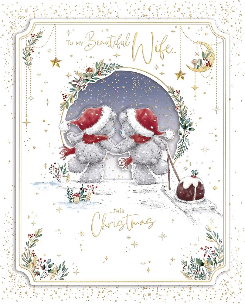Bears Holding Paws With Sledge Beautiful Wife Luxury Handmade Boxed Christmas Card