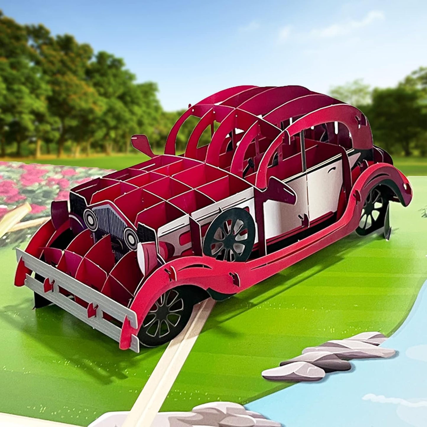 Vintage Red Car 3D Pop Up Greeting Card