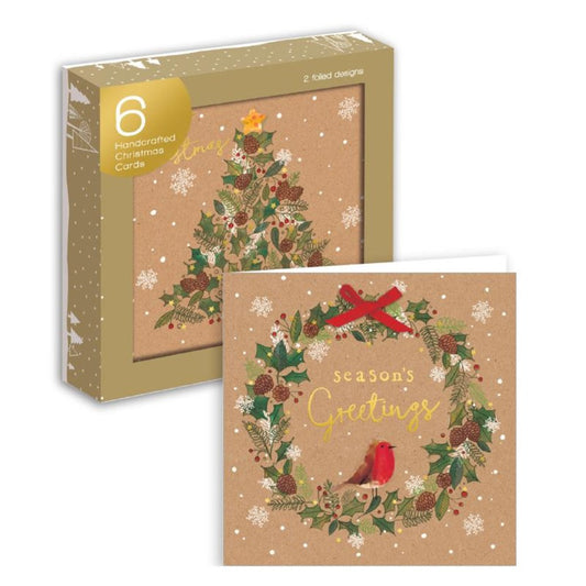 Pack of 6 Handicrafted Christmas Cards - Tree & Wreath Foiled Design