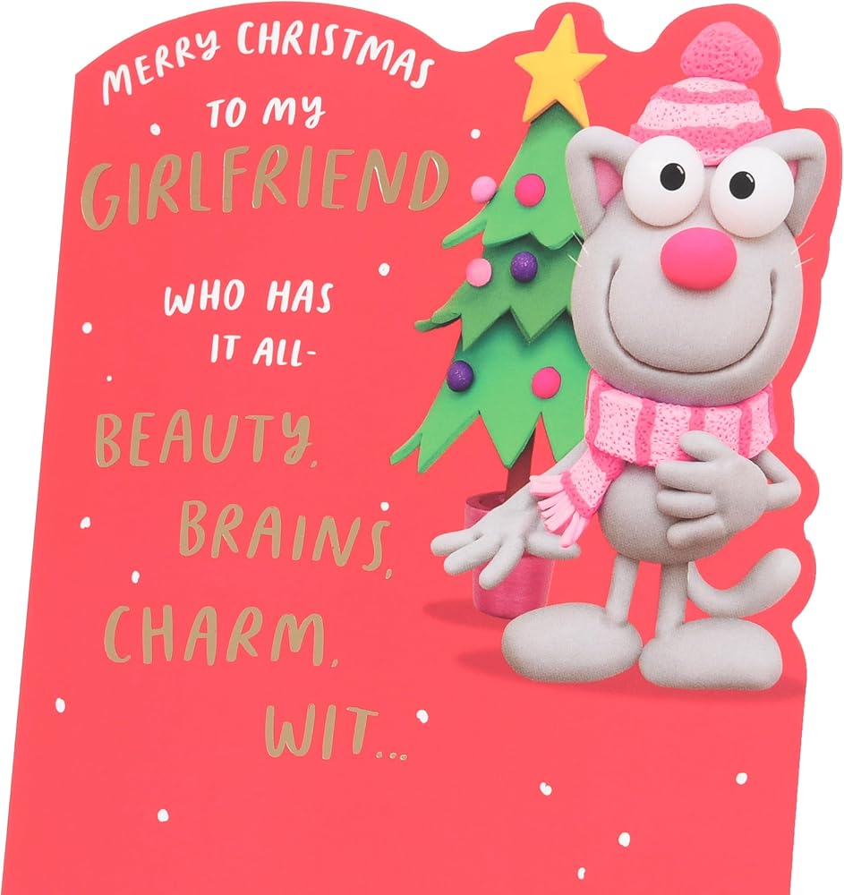 Crackers Cat with Xmas Tree Design Girlfriend Christmas Card