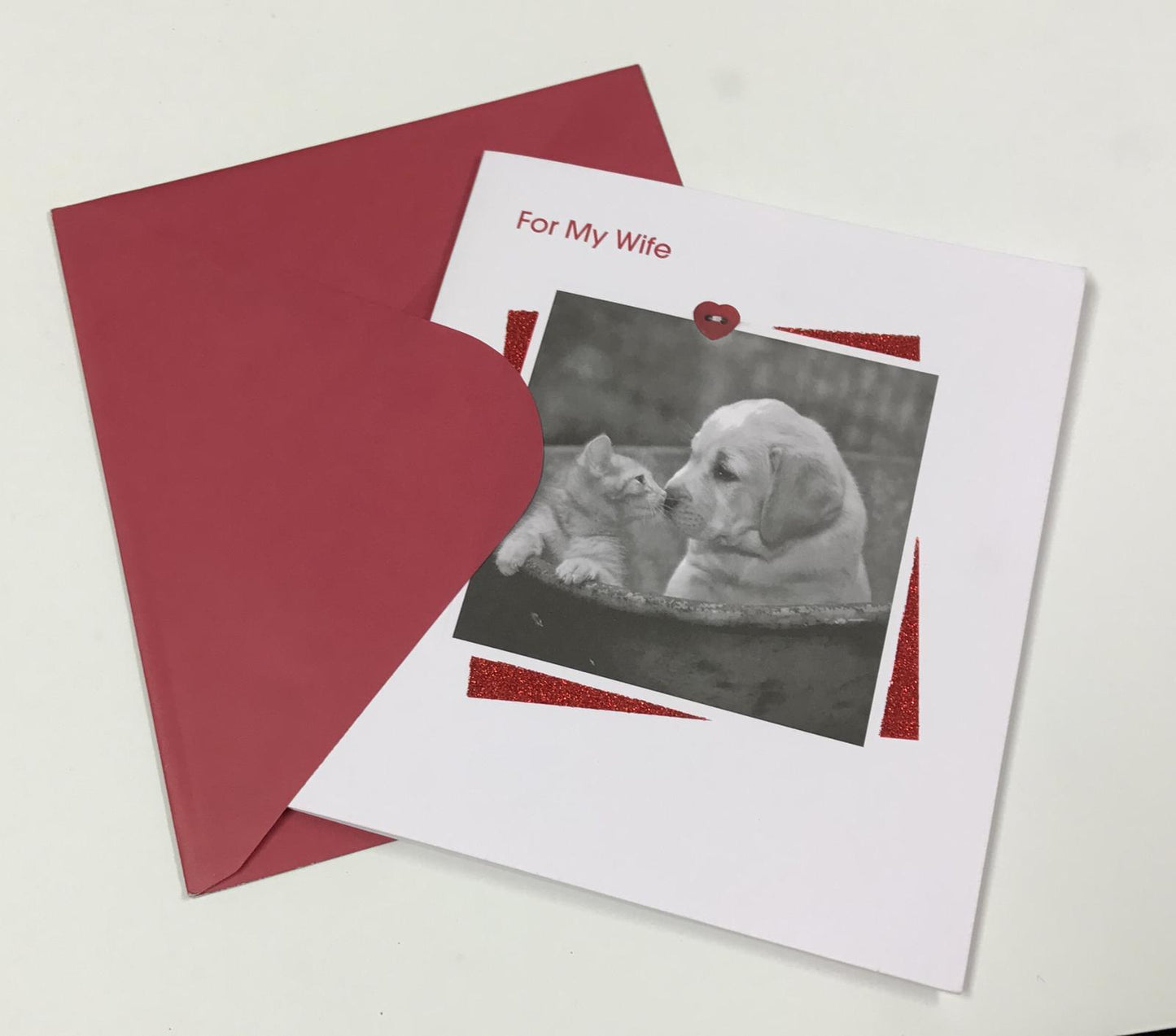 For Wife Kissing Kitten and Puppy Design Valentine's Card