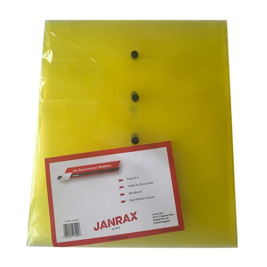 Pack of 12 Janrax A4 Yellow Document Wallets - Button Stud Folder