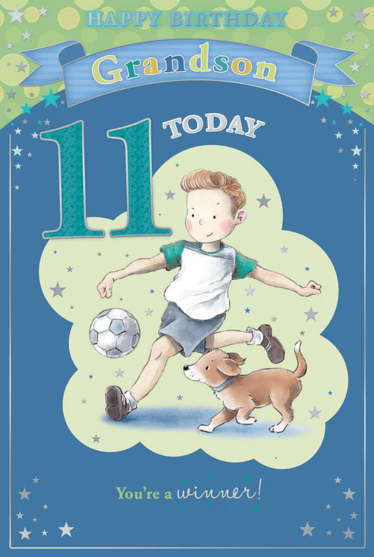 11th Today Boy & Dog With Football Grandson Candy Club Birthday Card