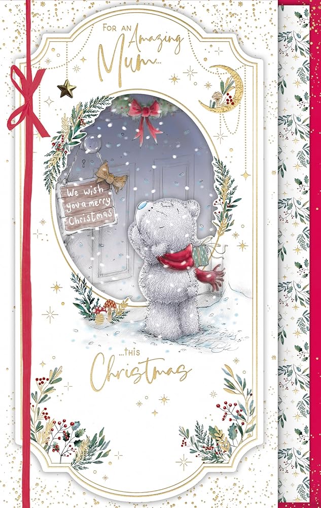 Bear At Door To An Amazing Mum Handmade Christmas Card