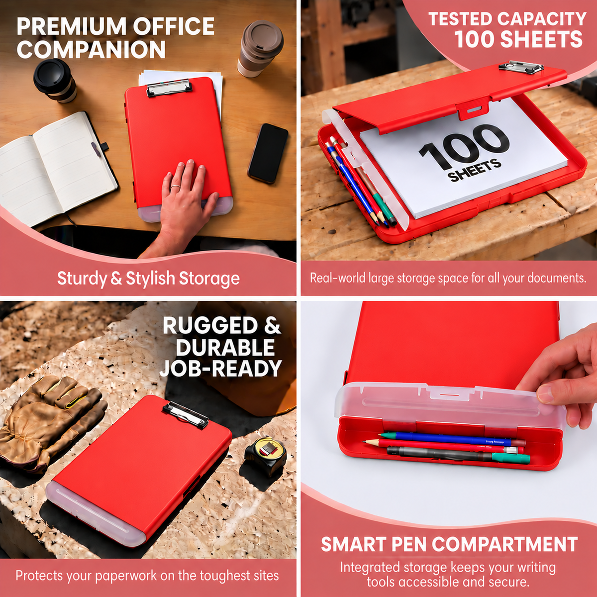 Pack of 12 A4 Red Plastic Clipboard Box Files With Pencil Holder - Storage Filing Case