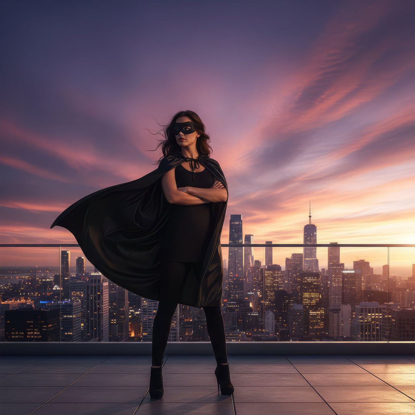 Adult Superhero Black Cape and Mask Fancy Dress Costume