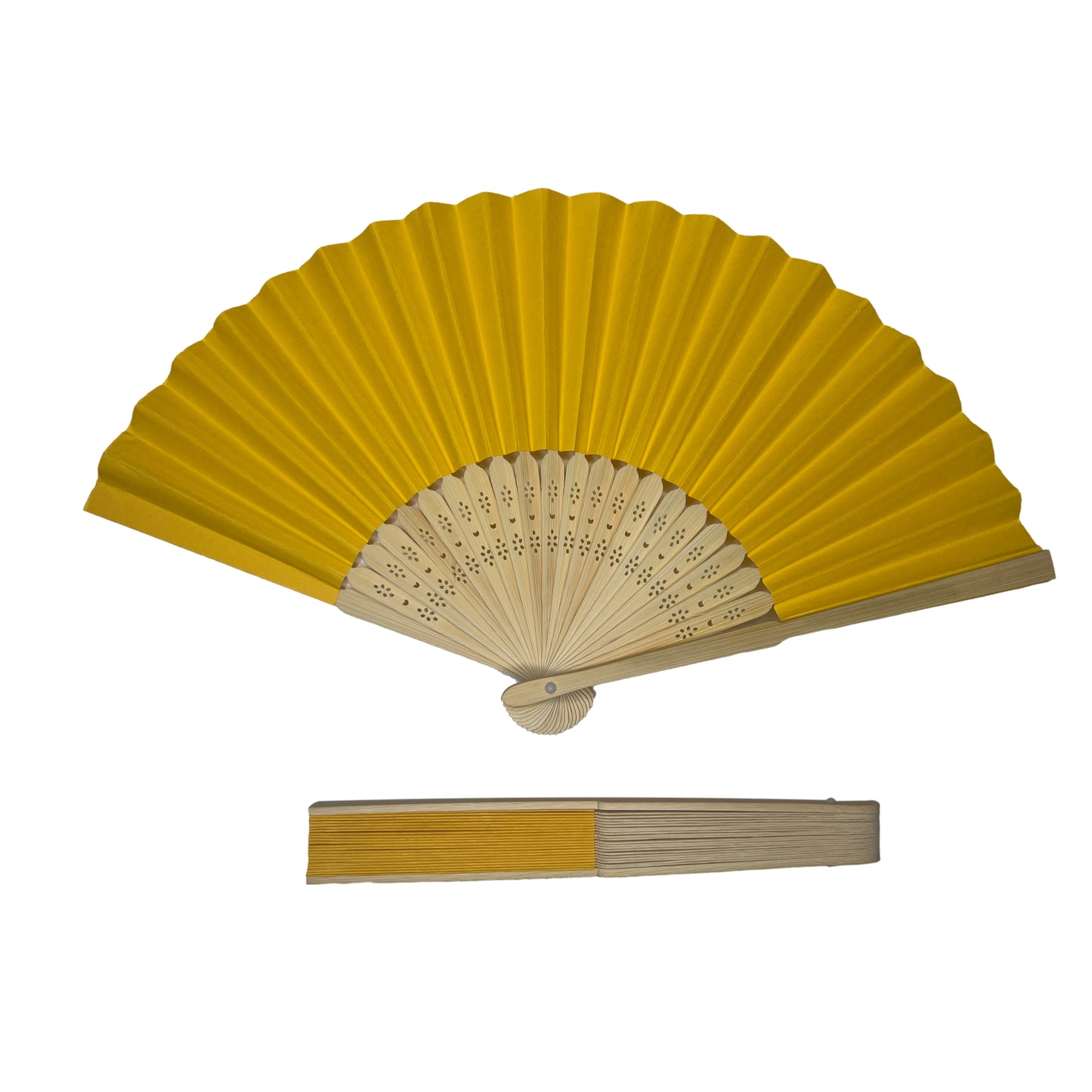 Dark Yellow Paper Foldable Hand Held Bamboo Wooden Fan by Parev