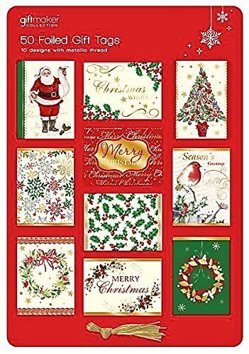 Pack of 50 Foiled Traditional Christmas Gift Tags: 10 Different Designs And Gold Metallic Thread