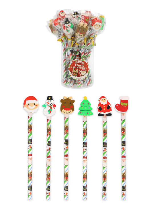 Pack of 24 Christmas Design Pencil with Eraser Top Stocking Filler