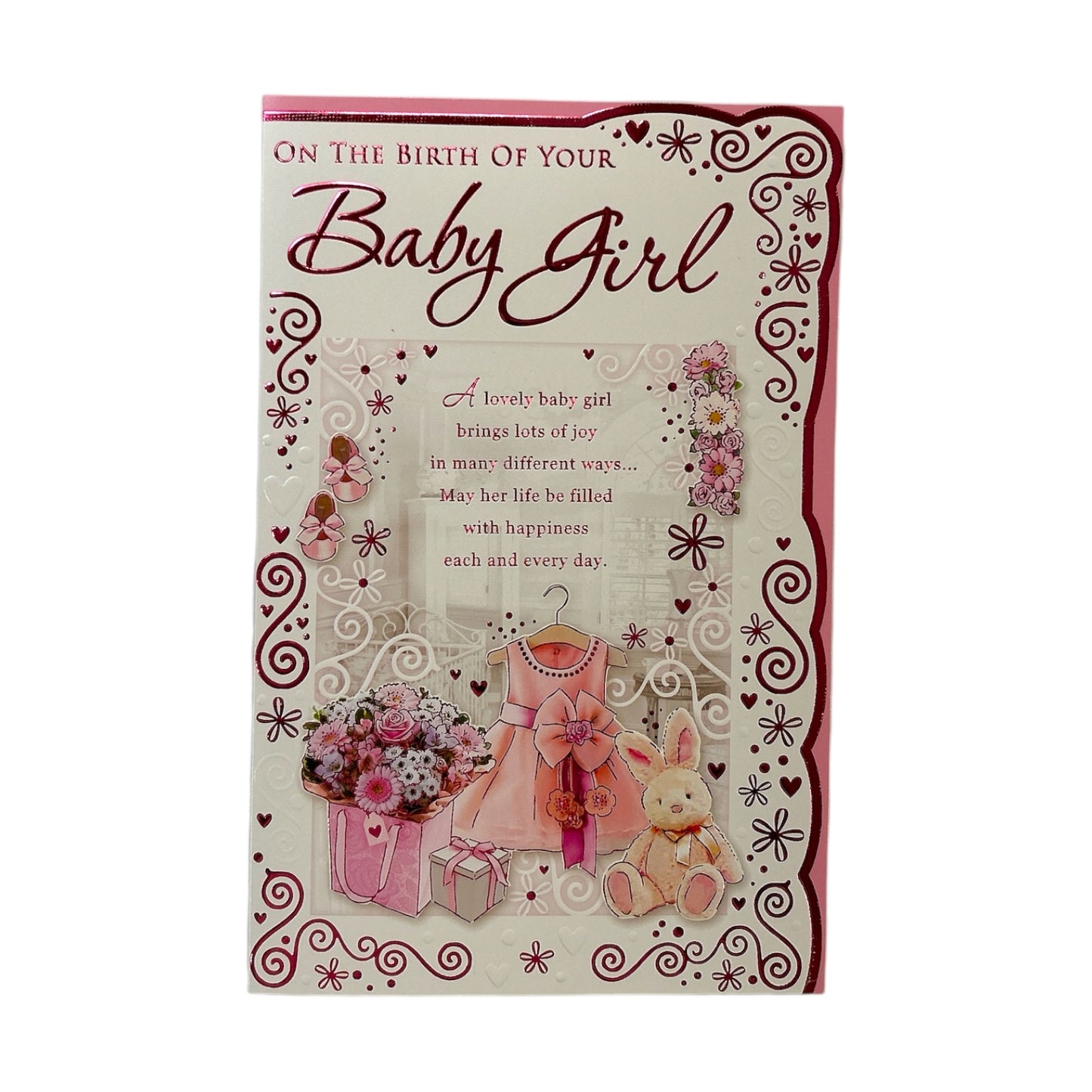 On The Birth Of Baby Girl Pink Dress And Teddy Design Opacity Congratulations Card