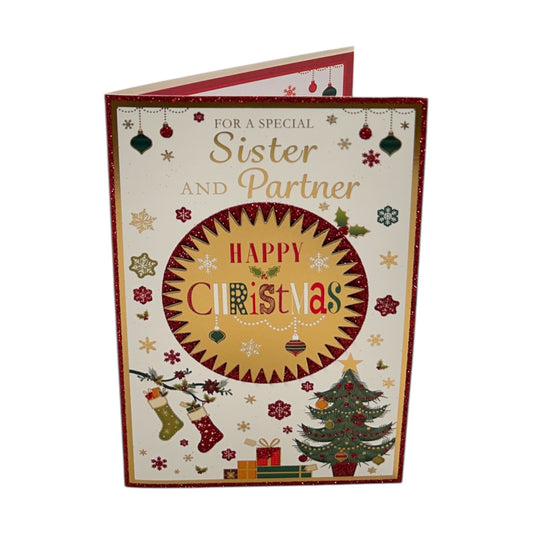 For a Special Sister and Partner Gold Frame Design Christmas Card