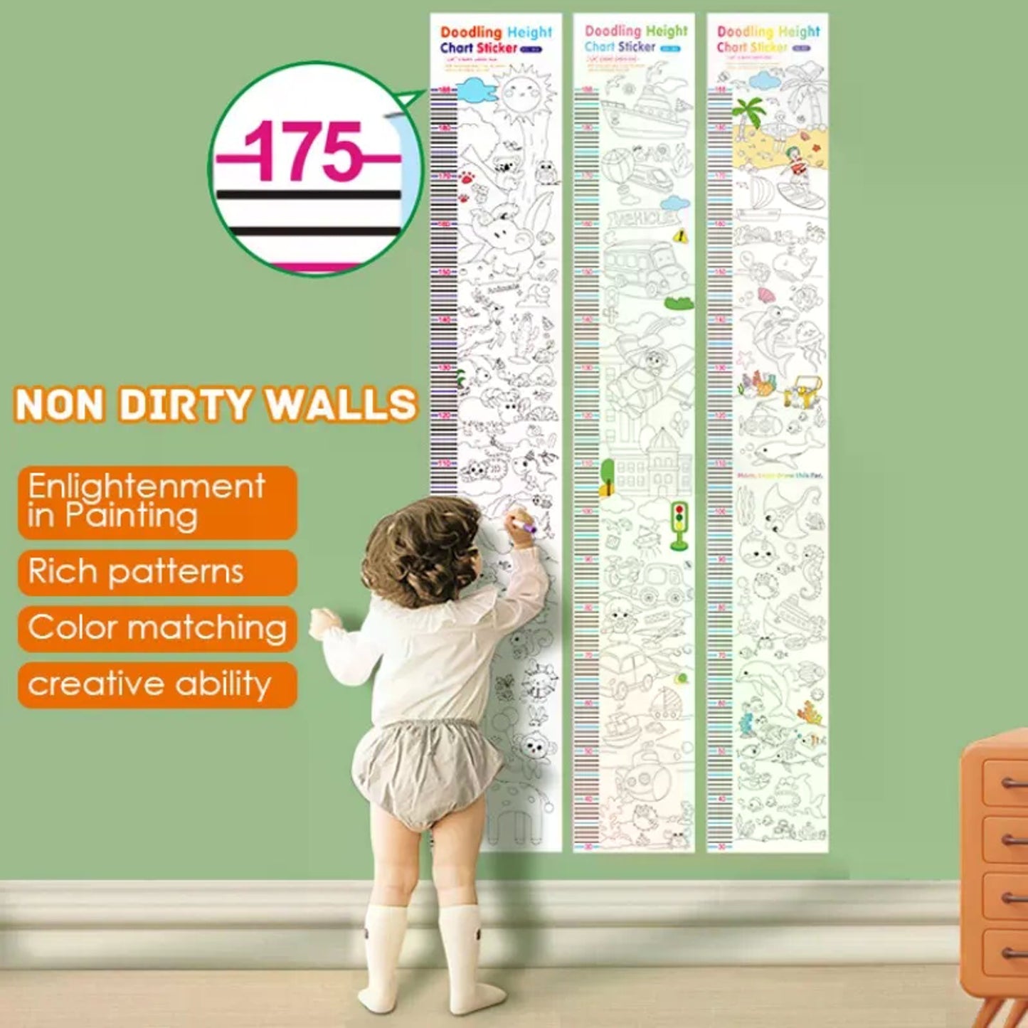 Doodling Height Chart Sticker And Picture Scroll with Removable Glue