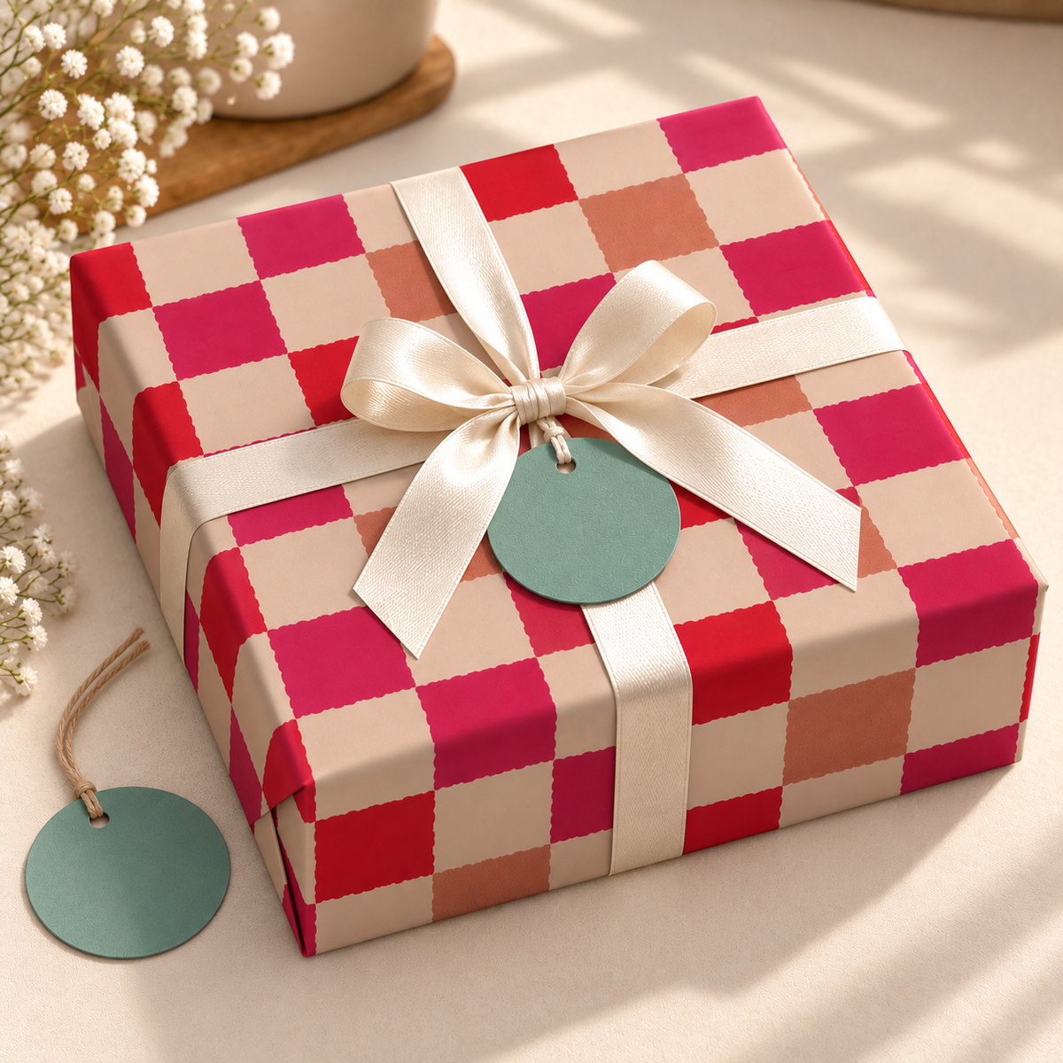 Pack of 2 Picnic Check Design 50 x 70 cm Gift Wrap Sheets with 2 Tags - Christmas Birthdays Kids Party Holiday Gifting