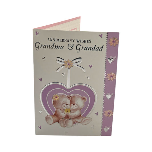 Grandma & Grandad Cute Teddies In Purple Heart Anniversary Card