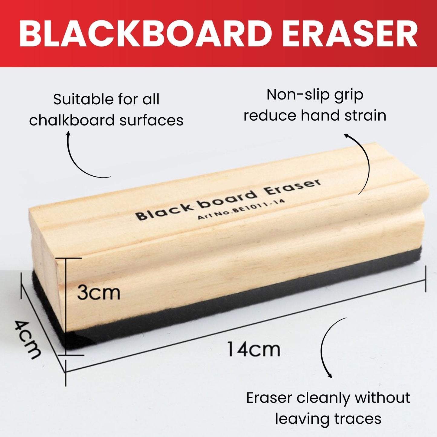 Single Janrax Wooden Black Board Eraser 14 x 4 x 3cm – Classic Wood & Felt Chalkboard Cleaner