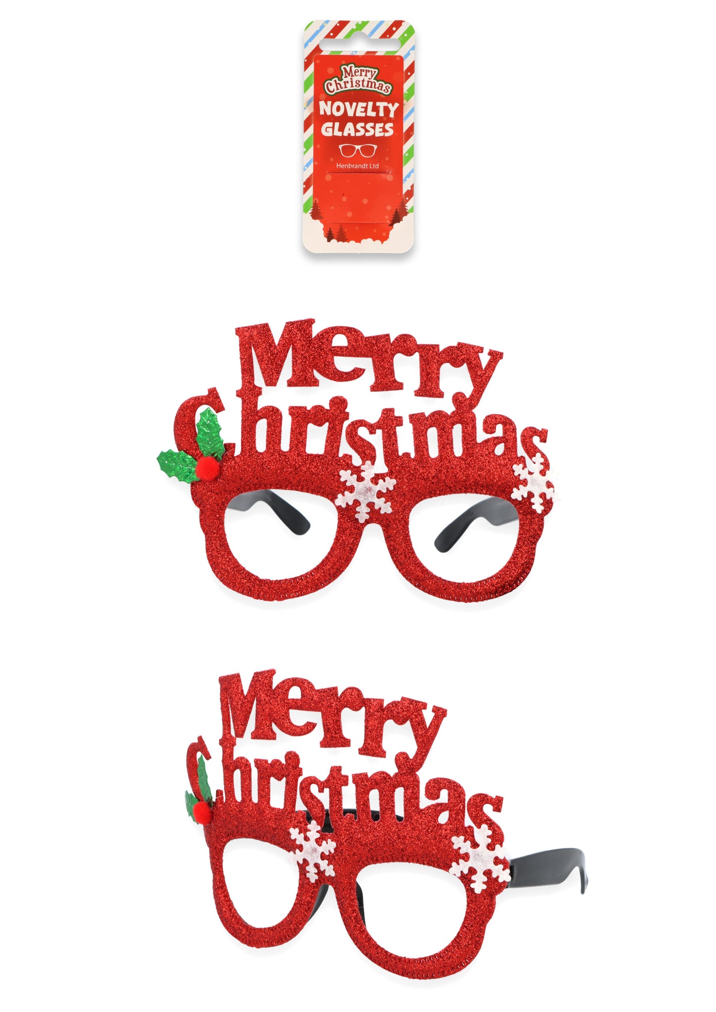 Single Merry Christmas Red W/holly & Snowflakes Glitter Glasses