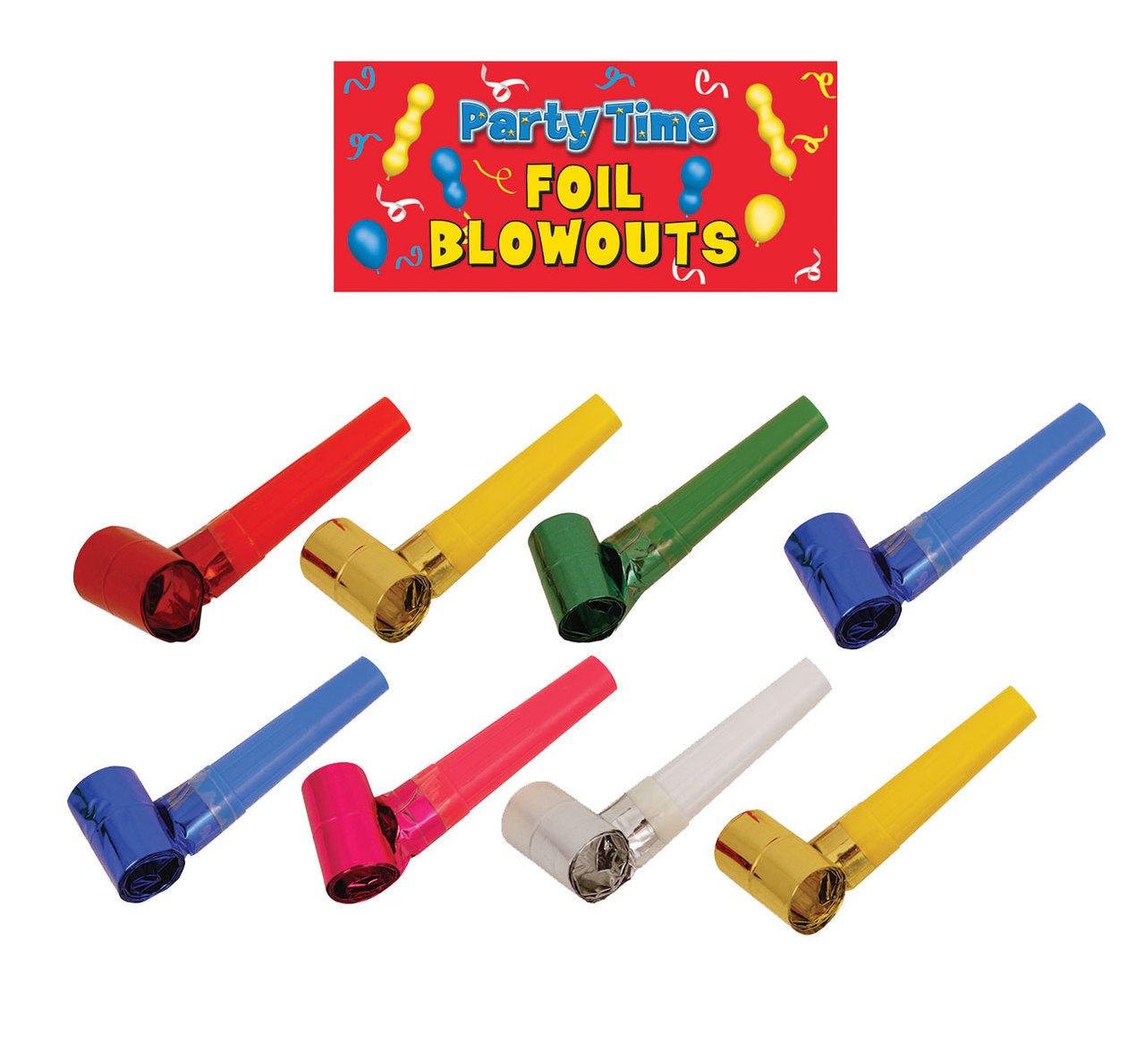 Pack of 8 Party time Foil Blowout 4cm (Assorted colours)