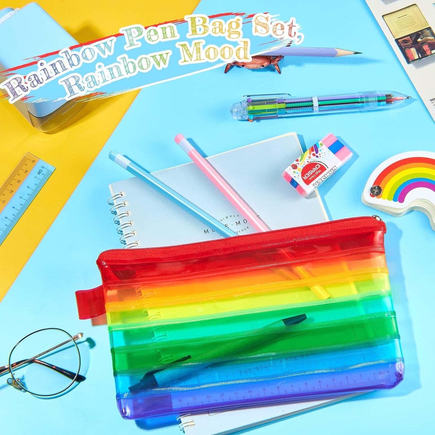 Pack of 15 Rainbow Coloured Flat 8x4" Pencil Case - Zippy Bag