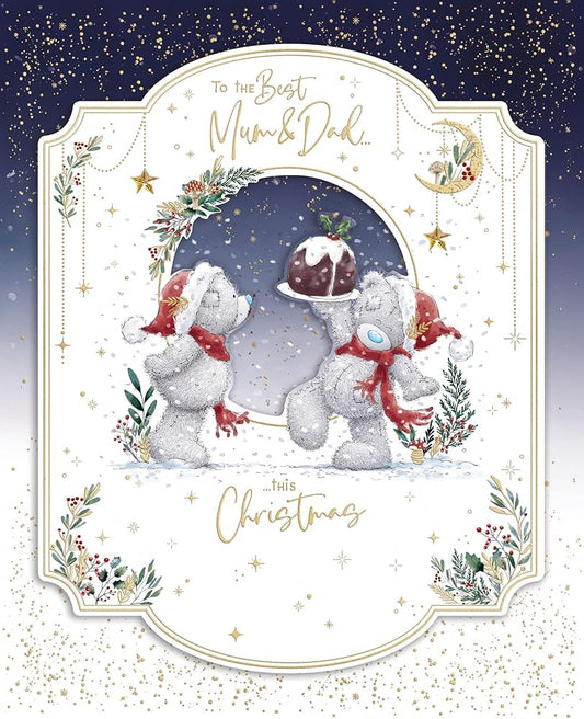 Bears With Xmas Pudding Mum And Dad Handmade Christmas Card