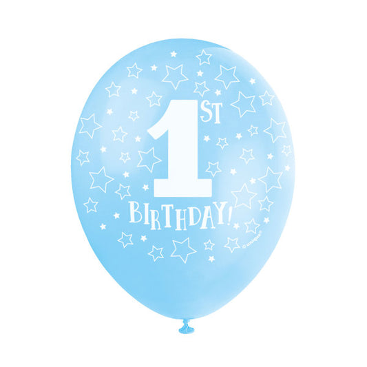 Pack of 5 Blue 1st Birthday 12" Latex Balloons