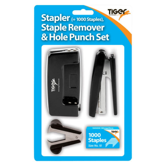 4 Piece Desk Set - Stapler, Staples, Stapler Remover and Hole Punch