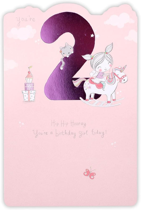 Girl with Pigtails On Unicorn Age 2 Birthday Card