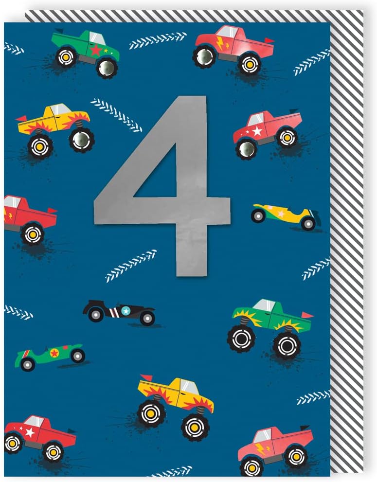 Monster Trucks Embellished Boys 4th Birthday Card